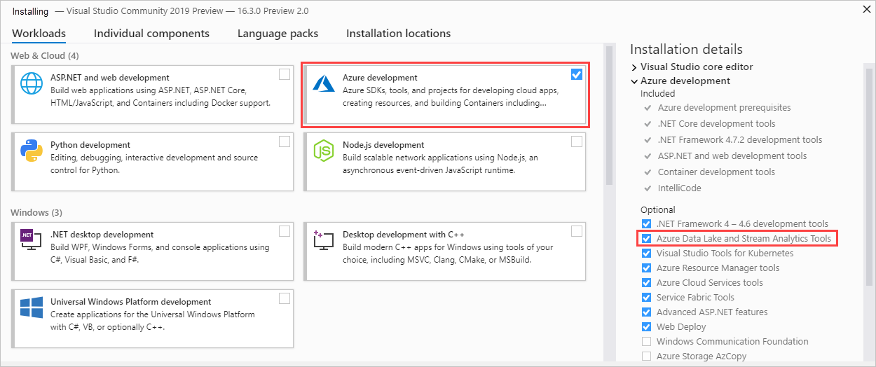 Auswählen der Workload „Azure-Entwicklung“