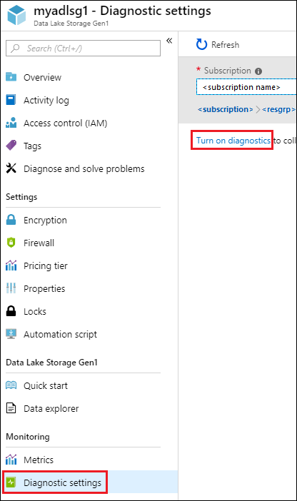 Screenshot: Data Lake Storage Gen1-Konto mit hervorgehobenen Optionen „Diagnoseeinstellung“ und „Diagnose aktivieren“