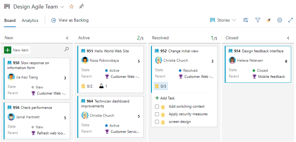 Screenshot of Azure Boards, Kanban Board