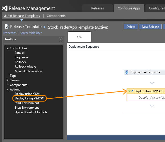 Drag the deployment action from the toolbox to the deployment sequence