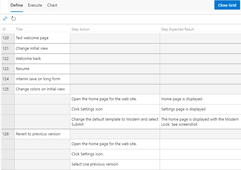 Saved test cases pasted into Grid view.