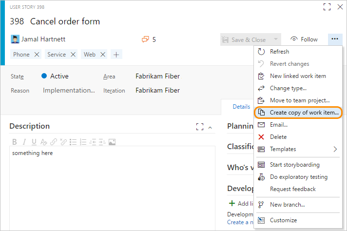 web portal, user story work item form, open context menu, click Create copy of work item