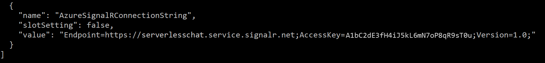 Screenshot der Ausgabe in einem Befehlsfenster mit einem Listenelement mit dem Namen „AzureSignalRConnectionString“.