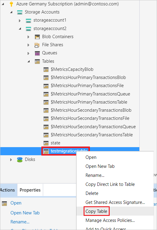 Kontextmenüeintrag „Tabelle kopieren“, ausgewählt in Abonnement in Azure Deutschland