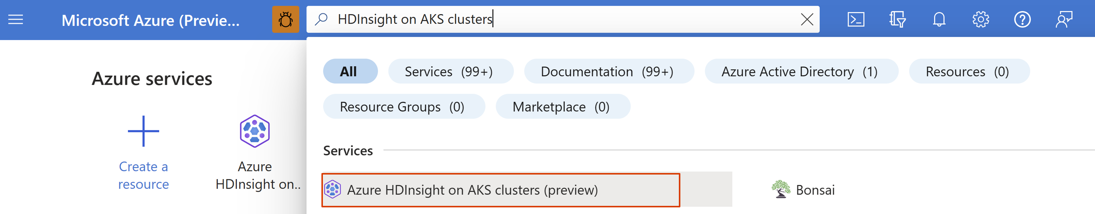 Screenshot mit der Suchoption für die ersten Schritte mit HDInsight auf AKS Cluster.