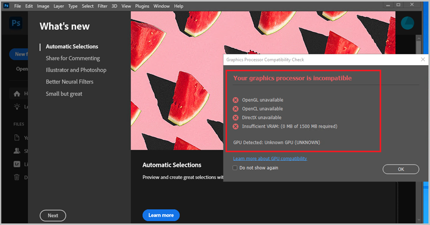 Screenshot der Adobe Creative Cloud mit einer Fehlermeldung, dass der Grafikprozessor inkompatibel ist.