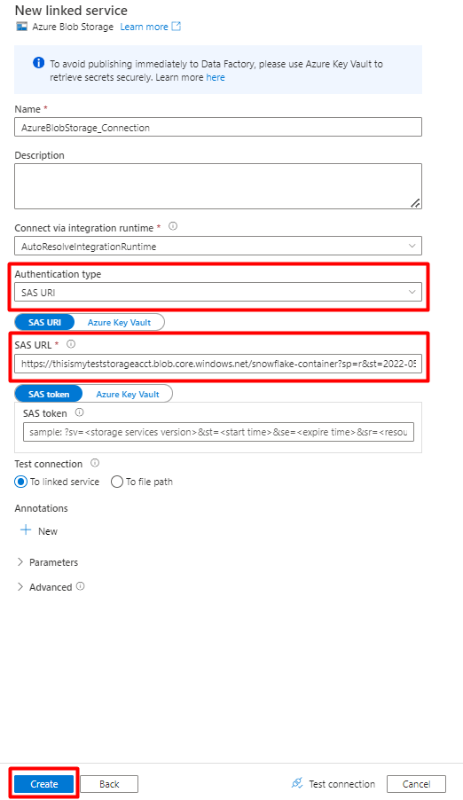 Screenshot: Ausfüllen des Formulars für den neuen verknüpften Search-Dienst in Azure Data Factory mit Eigenschaften zum Importieren aus Snowflake