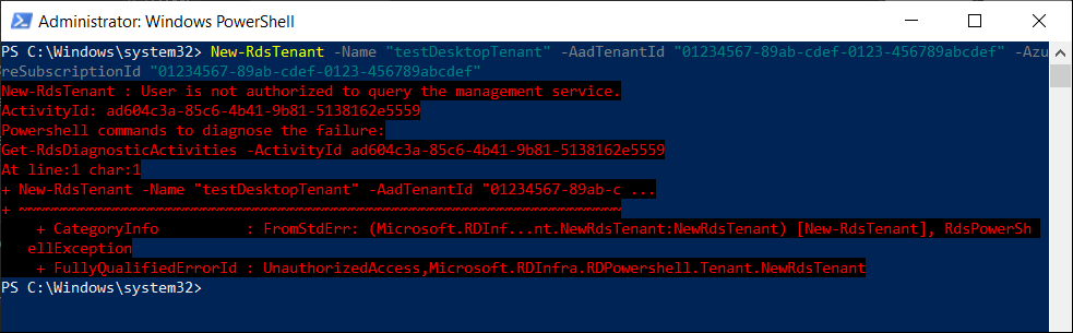 Screenshot des PowerShell-Fensters, in dem ein Benutzer nicht berechtigt ist, den Verwaltungsdienst abzufragen.