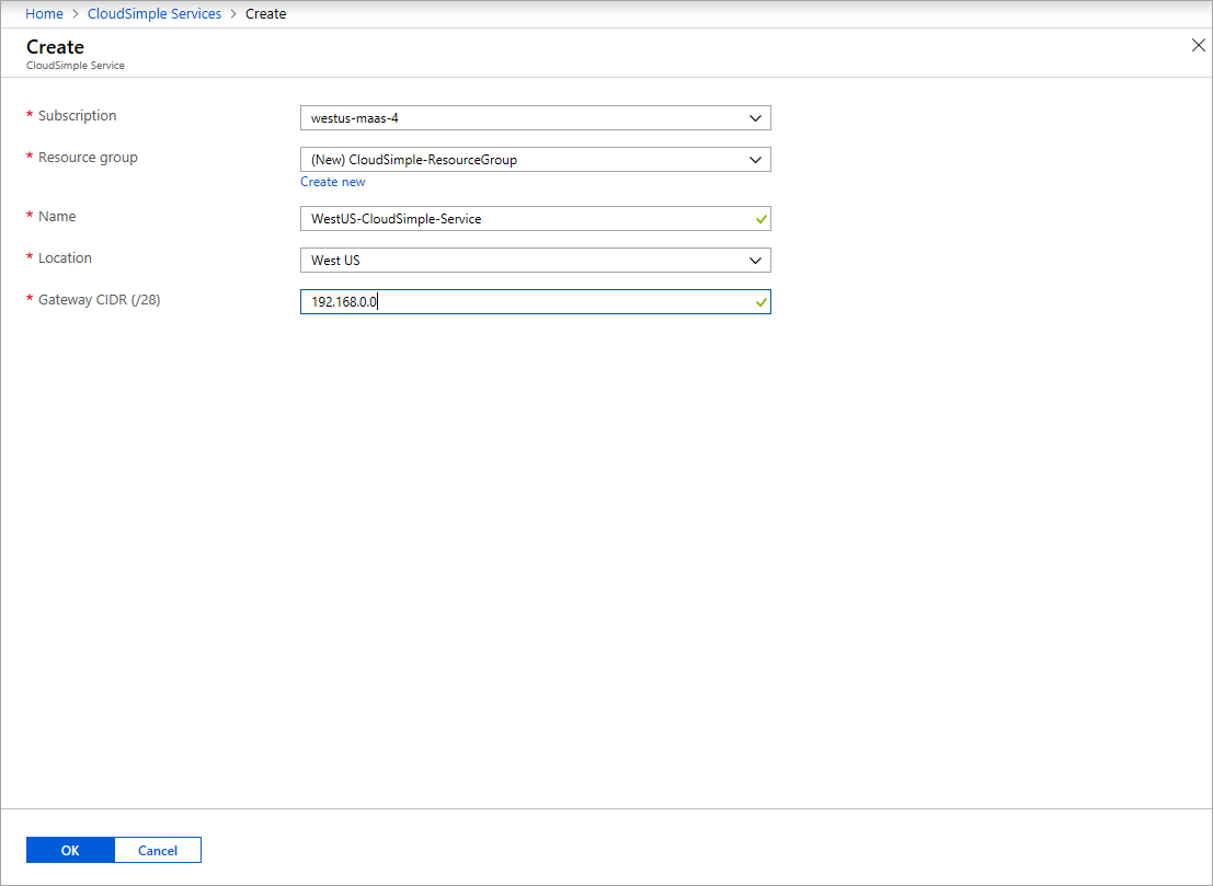 Erstellen des CloudSimple-Diensts