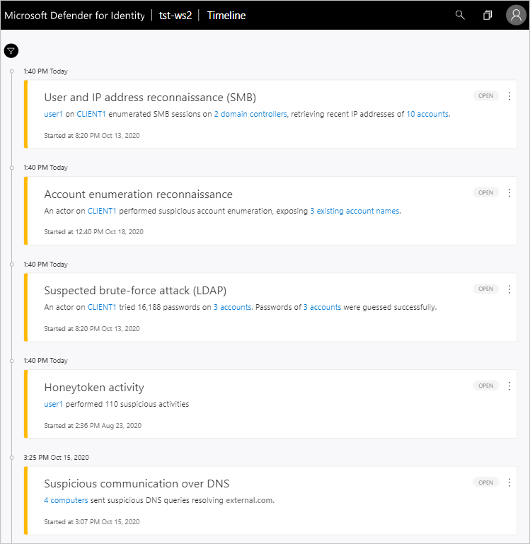 Defender for Identity security alerts timeline image