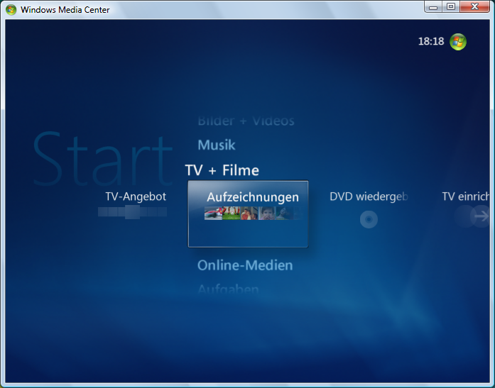 Bildschirmabbildung des Windows Media Center