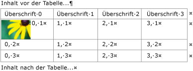 Eingebettete Tabelle mit Bild in einem Textcontainer