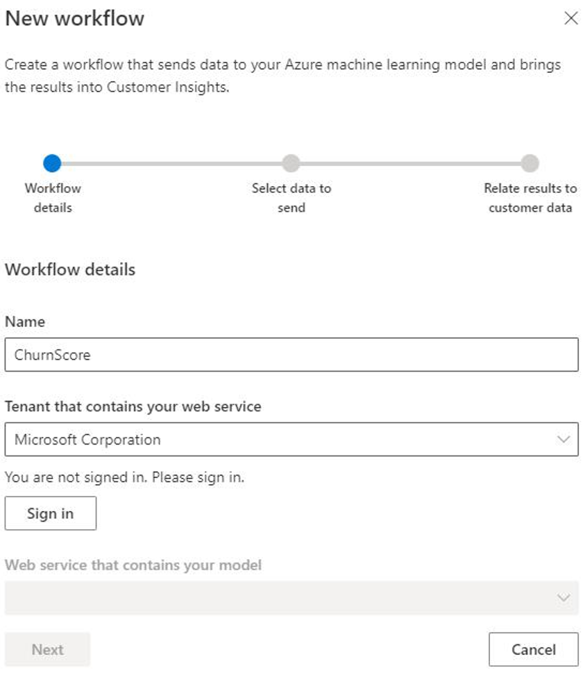 Visual of workflow screen to enter tenant details for web service