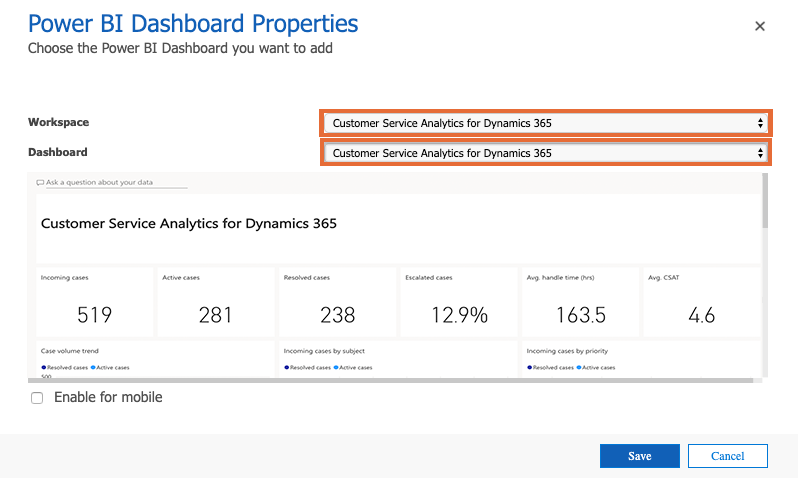 Power BI dashboard properties.