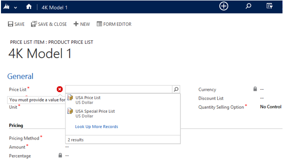 Neues Preislistenelement in Dynamics CRM öffnen