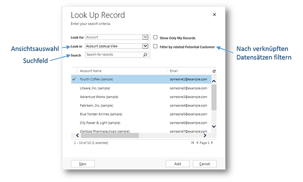 Nachschlage-Dialogfeldelemente in Dynamics CRM