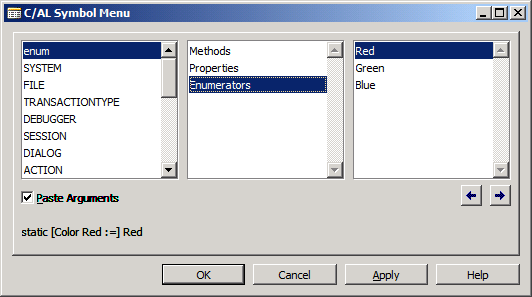 C/AL Symbol Menu showing enumeration values