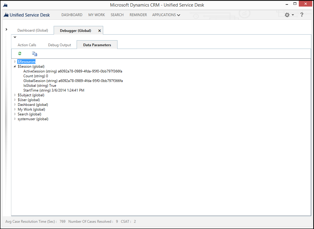 Debugger data parameters tab