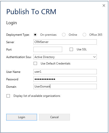 Publish to CRM dialog box