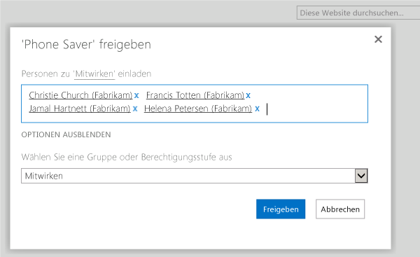 SharePoint-Gruppe auswählen und Benutzer hinzufügen