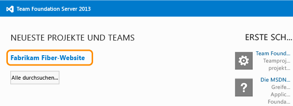 Teamprojekt auf TFS-Startseite auswählen