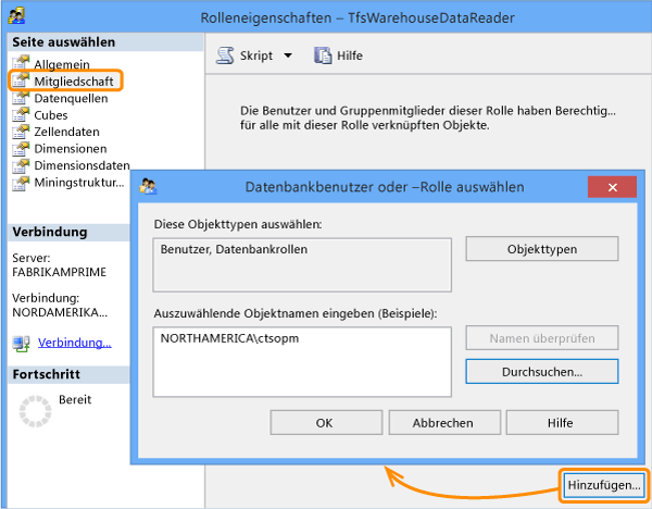 Mitglied zur Datenreaderrolle "Tfs_Analysis" hinzufügen