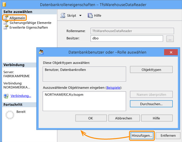 Mitglied zur Datenreaderrolle "Tfs_Analysis" hinzufügen