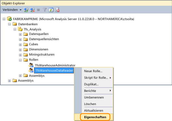 Eigenschaften der Datenreaderrolle "Tfs_Analysis" öffnen