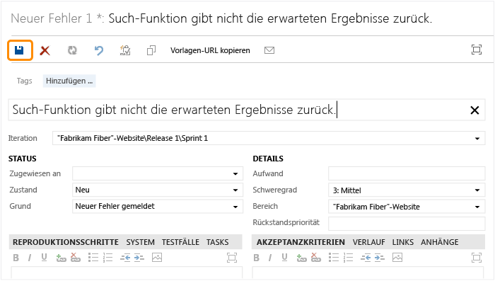 Arbeitsaufgabenformular für einen Fehler ausfüllen