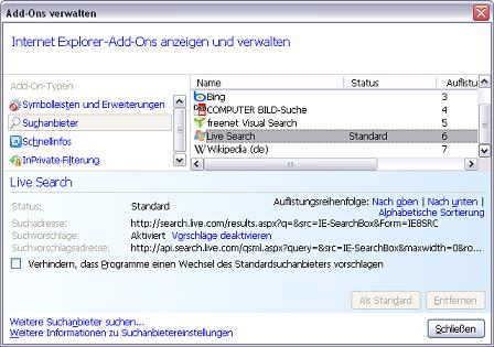 Dialogfeld Internet Explorer-Add-Ons verwalten