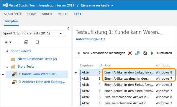 Erforderliche Konfigurationen in den Testlisten