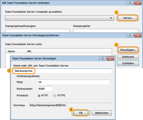 Servers button on the Connect to Team Foundation Server dialog box. Add button on the Add/Remove TFS. Name of server in the Add TFS dialog box. OK button.