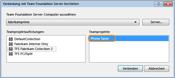 Connect to Team Foundation Server dialog box