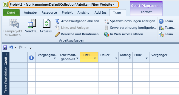 Projektplan, der an ein Teamprojekt in TFS gebunden ist