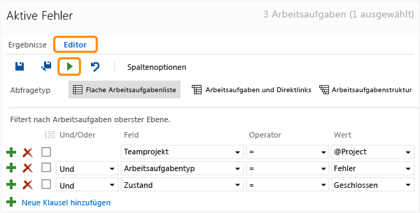 Editor-Ansicht einer Flachlistenabfrage