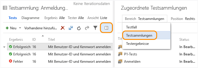 Registerkarte "Tests"; Klicken auf das Symbol für den Detailbereich