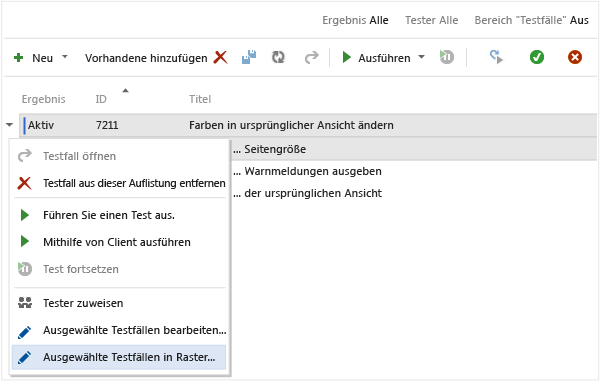 Testfälle auswählen, die im Raster bearbeitet werden sollen