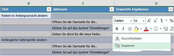 Kopierte Testfälle in der Rasteransicht speichern