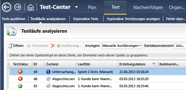 Seite der Testlaufanalyse in MTM