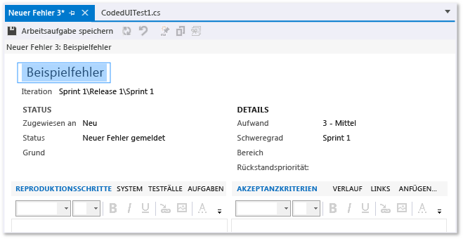 Form "Neuer Fehler" in Visual Studio