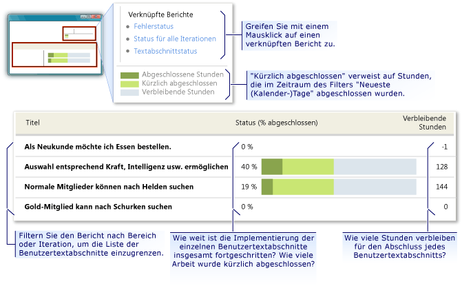 Beispiel für Bericht über Storystatus