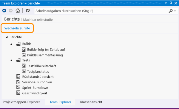 Berichtssite des Teamprojekts öffnen