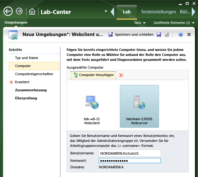 Registerkarte "Computer" im Assistenten "Neue Umgebung"