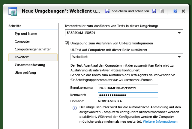 Registerkarte "Erweitert" im Assistenten "Neue Umgebung"