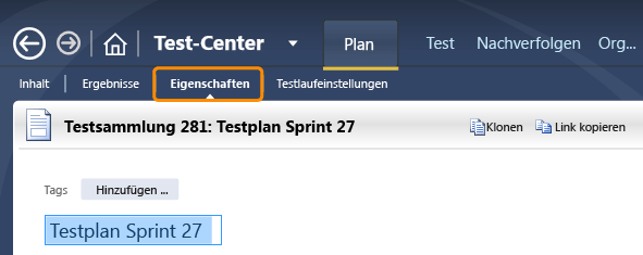 Testplan auswählen und auf die Registerkarte "Eigenschaften" klicken