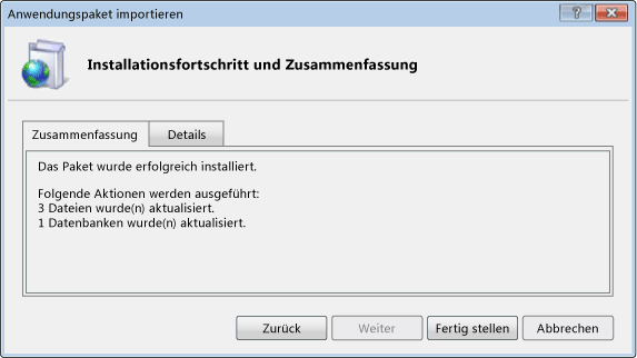 Dialogfeld "Installationsstatus und Zusammenfassung"