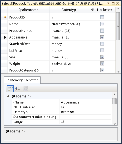 Eigenschaftenfenster für Datenbanktabellen