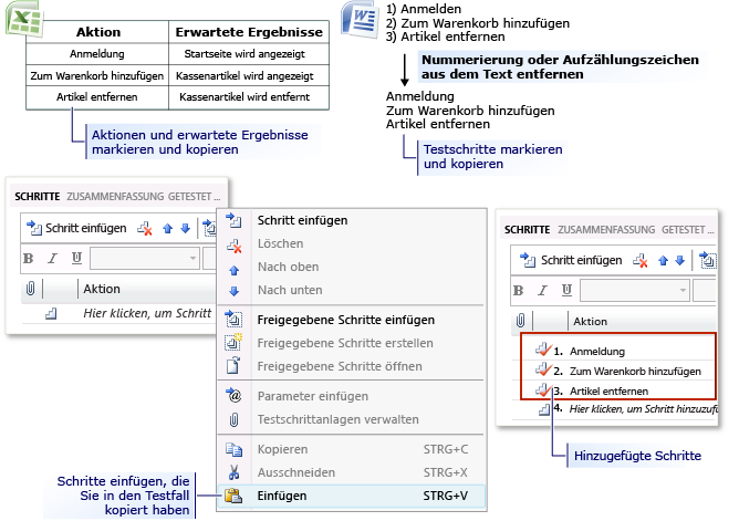 Testschritte aus Microsoft Excel oder Word hinzufügen