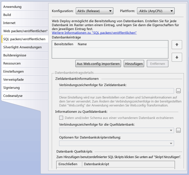 Registerkarte "Verpacken/Veröffentlichen - SQL"