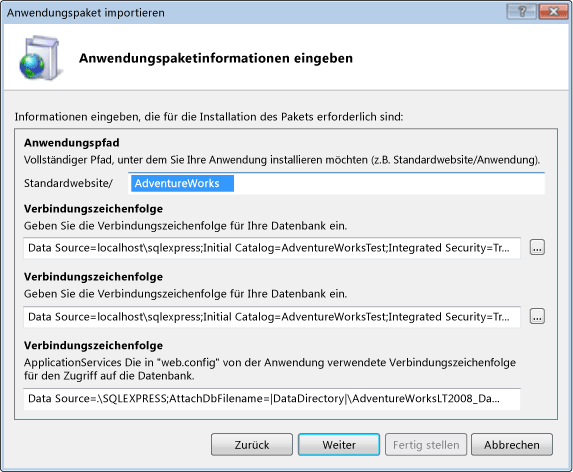 Dialogfeld zum Eingeben von Anwendungspaketinformationen